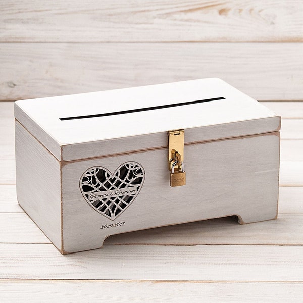 White wedding card box with slot and lock, personalized locking card box for wedding, graduation, birthday, reception, memory storage box