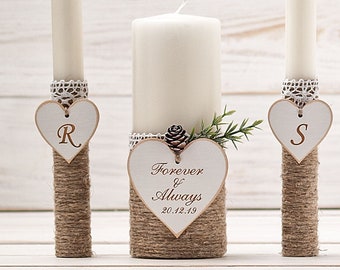 Set di candele per l'unità del matrimonio invernale per la chiesa, candela personalizzata rustica personalizzata per una cerimonia di rinnovo del voto, decorazioni per matrimoni nella foresta
