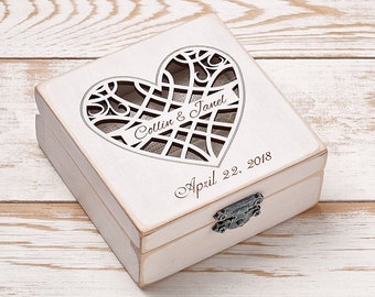 White Wedding Ring Box for Ceremony, Personalized Ring Bearer Box, Unique Wooden Ring Holder, Proposal Cushion