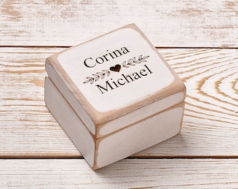 Engagement ring box, white wedding ring bearer pillow, wooden personalized rustic ring box, proposal ring holder custom gift