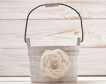 Flower Girl Basket, Ivory Flower Girl Basket, Wedding Basket, Rustic Flower Basket, Wood Flower Basket, Flower Bearer Basket, Bridal Basket