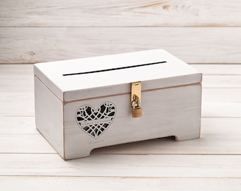 White wedding card box with slot and lock, personalized locking card box for wedding, graduation, birthday, reception, memory storage box