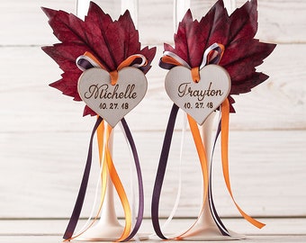 Fall Wedding Toasting Flutes Autumn Wedding Champagne Glasses Decorated with Leaves and Personalized Hearts Bride Groom Bridal Shower Gift