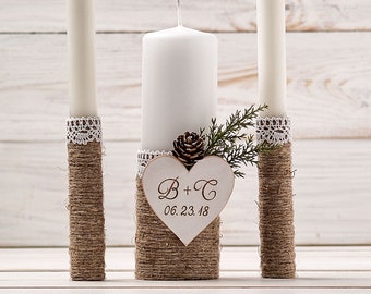 Winter Wedding Unity Candle Set for Church, Rustic Personalized Custom Candle for a Vow Renewal Ceremony, Christmas Wedding Decor