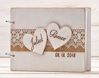 Wedding guest book photo album with couple's names, engraved wooden memory book, rustic wedding advice book, shower gift