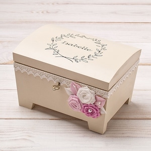 May include: A white wooden keepsake box with a floral wreath design and the name "Isabelle" engraved on the lid. The box has a keyhole and is decorated with pink and white fabric flowers.
