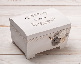 Personalized Jewelry Box for Baby Girls, Engraved Wooden Keepsake Box, New Baby Treasure Chest, Little Girl Jewelry Box Newborn Baptism Gift