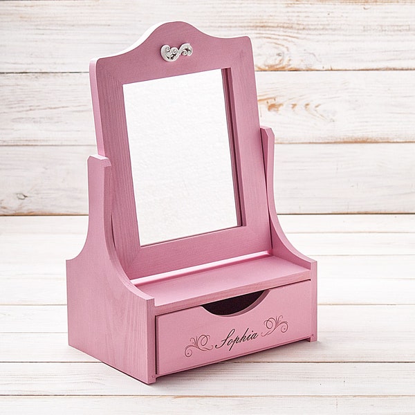 Rectangular pink vanity table mirror for girls room, personalized jewellery organizer box with drawer, wooden cosmetic cabinet with mirror