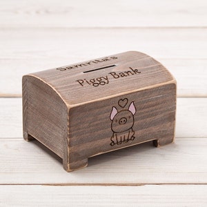 Personalized Piggy Bank for Boy Girl, Kids Money Box, Adventure Fund, Baby Piggy Bank, Wood Coin Saving Bank for Baby, Girl Birth Gift