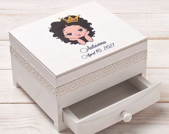 Princess jewelry box for little girls, white named box, personalized new baby memory box,  baby girl first birthday baptism cristening gift