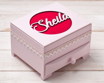 Wooden jewelry organizer box for girls, personalized trinket box, engraved jewelry storage organizer with drawer, custom baby girl gift box