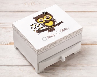 Baby girl jewelry box personalized with name, jewelry organizer box with drawers, owl wooden keepsake box, girls baptism birthday gift