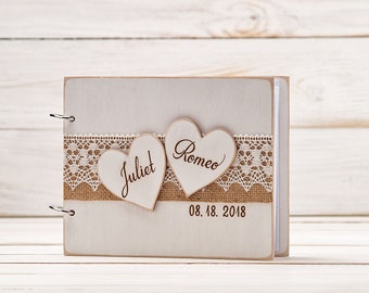 Personalized wedding guest book with hearts and names, engraved wooden photo album, rustic wedding advice book, gift for couple