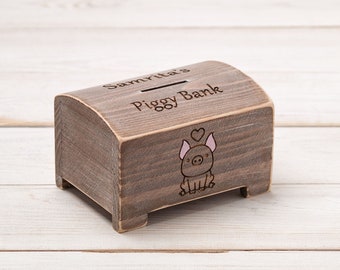 Personalized Piggy Bank for Boy Girl, Kids Money Box, Adventure Fund, Baby Piggy Bank, Wood Coin Saving Bank for Baby, Girl Birth Gift