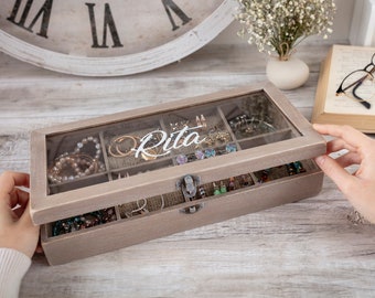 Name jewelry box for women unique, personalized wooden display case box, jewelry storage organizer drawer tray, zodiac birthday gift for her