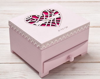 Personalized Pink Jewelry Box for Girls, Unique Jewelry Organizer Box with Drawer and Compartments, Wooden Baby Memory Box with Name