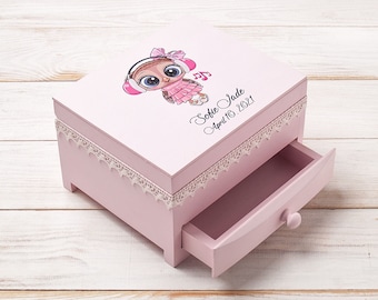 Girls jewelry birthday gift box with owl, little girls baby jewelry organizer with compartments and drawer, personalized flower girl gift