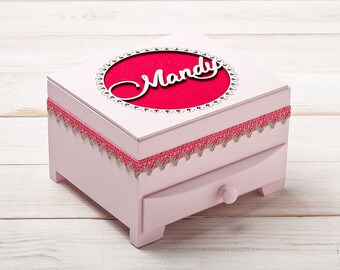 Girls jewelry box with organizer and drawer, personalized wood jewelry holder, engraved pink jewelry storage box, young girl birthday gift