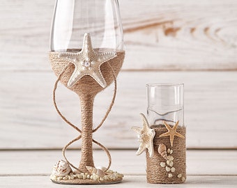 Wedding shot and wine glass set, seashell ring dish beach nautical wedding, bride groom toasting flutes with starfish, gift for couple