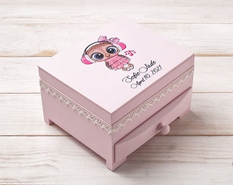 Pink first jewelry box with owl for little girls, baby jewelry organizer, personalized flower girl gift, memory keepsake box, baptism gift