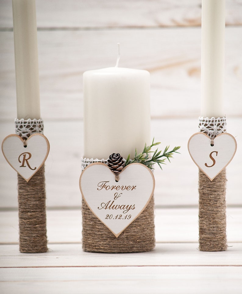 Winter Wedding Unity Candle Set for Church, Rustic Personalized Custom Candle for a Vow Renewal Ceremony, Forest Wedding Decor image 5