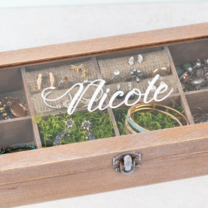 Vassoio organizer per gioielli, vetrina con vetro, scatola per anelli per orecchini in legno personalizzata con coperchio, custodia con serratura, logo, regalo per le donne