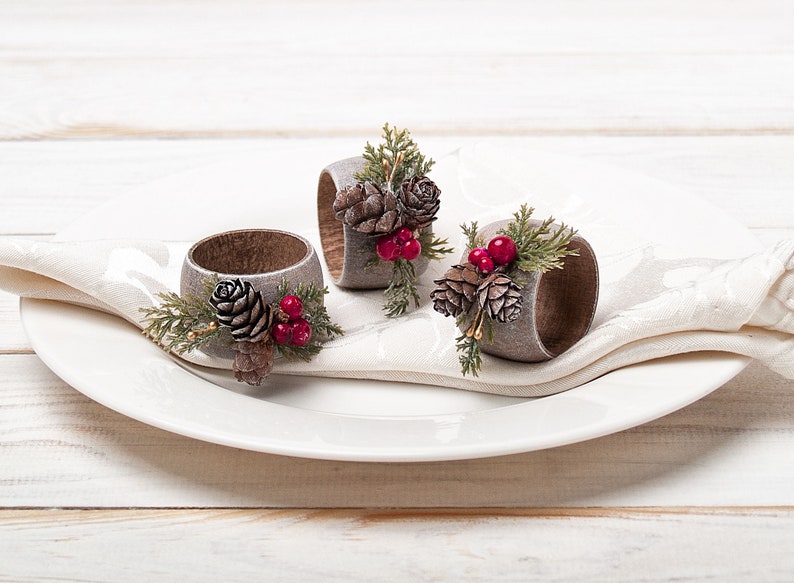 Christmas Napkin Rings with Pinecones Decor, Rustic Table Decoration, Winter Wedding Napkin Rings Holders, Thanksgiving Table Decor image 5