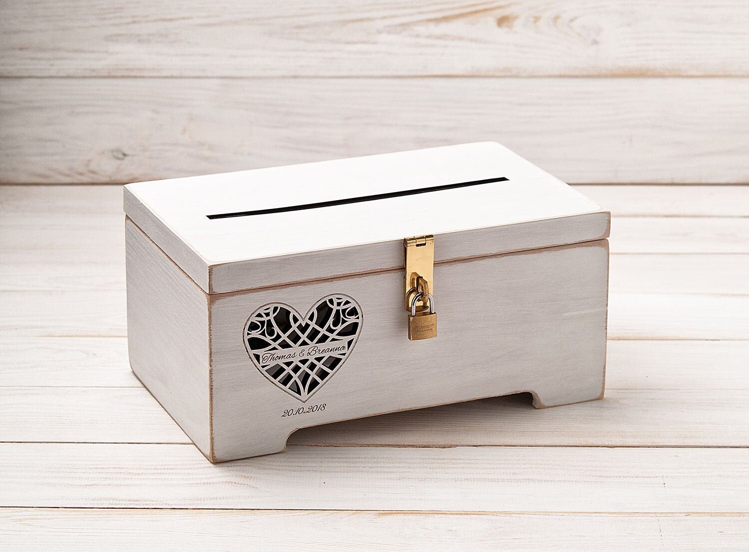 White wedding card box with slot and lock, personalized locking card box for wedding, graduation, birthday, reception, memory storage box