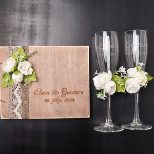 Floral Hochzeit Sektgläser und Gästebuch, personalisierte Rosen Hochzeit Toast Gläser Set für Braut und Bräutigam, Jubiläumsgeschenk rustikal