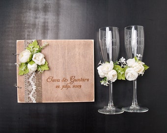 Floral wedding champagne flutes and guest book, personalized rose wedding toasting glasses set for bride and groom, anniversary gift rustic