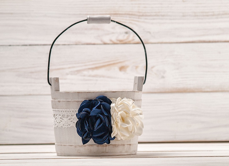 Navy Blue Ivory Flower Girl Basket Wedding Basket Wood Flower Basket Flower Girl Bucket Ivory and Royal Blue Wedding Accessories