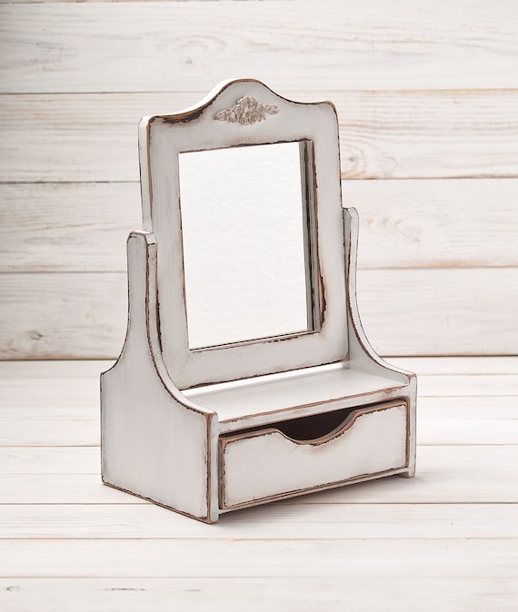 Vanity Mirror Shabby Chic Compact Wood Makeup With Drawer For Bathroom White Distressed Home Decor Jewelry Holder Girl Women
