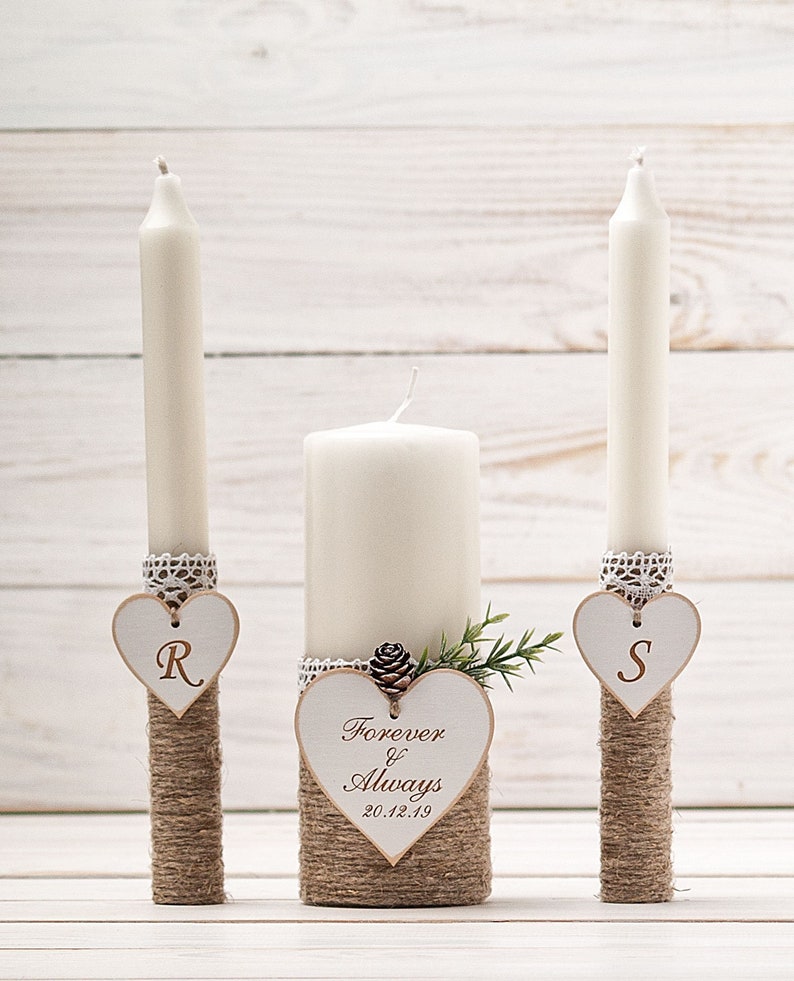 Winter Wedding Unity Candle Set for Church, Rustic Personalized Custom Candle for a Vow Renewal Ceremony, Forest Wedding Decor image 1