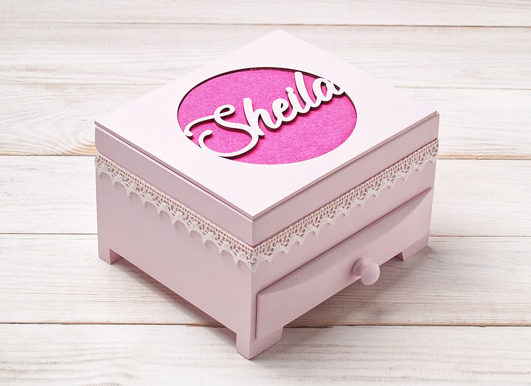 Engraved First Jewelry Box for Little Flower Girls, Wooden Jewelry