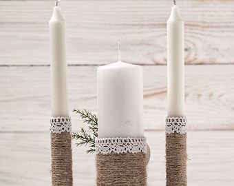 Lot 3 Bougies Unity Mariage - 1 Pilier 15,2cm + 2 Coniques 25,4cm - Décoration Cérémonie Blanche Perles