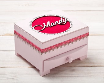 Girls jewelry box with organizer and drawer, personalized wood jewelry holder, engraved pink storage box, young girl baptism birthday gift