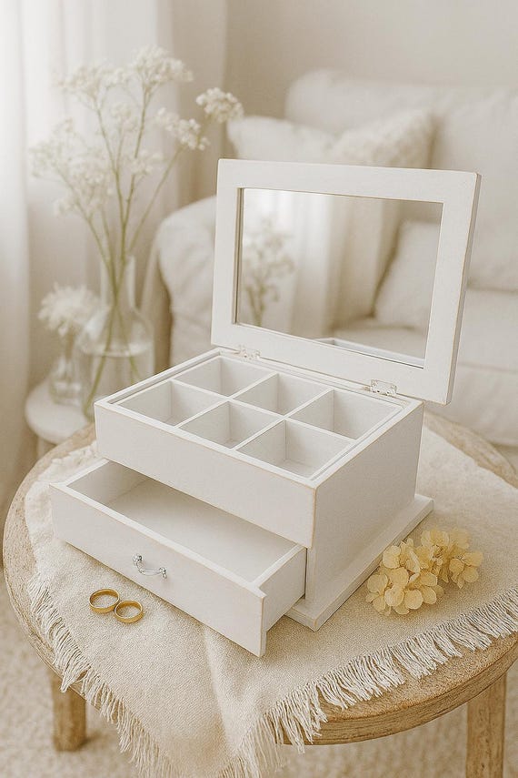 BPILOT Caja De Joyas Joyero De Madera Para Niñas Con 3 Cajones Extraíbles Y Joyero Con Ventana De Vidrio Transparente, Estampado De Hortensias Joyero Para Mujer