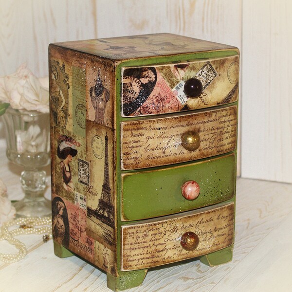 Girls Jewelry Keepsake Box , Four Drawer Box " Parisian " Rustic Decoupage vintage looking , Shabby chic handmade unique Rustic Style gift