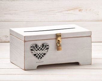 White Wedding Card Box With Slot and Lock, Personalized Locking