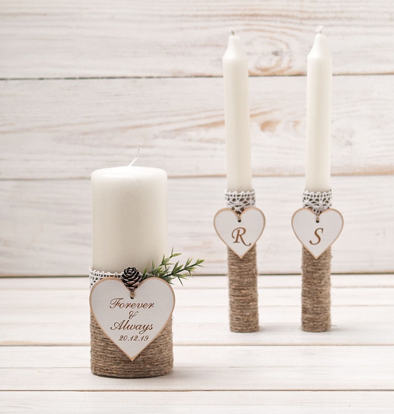 Winter Wedding Unity Candle Set for Church, Rustic Personalized Custom Candle for a Vow Renewal Ceremony, Forest Wedding Decor image 2