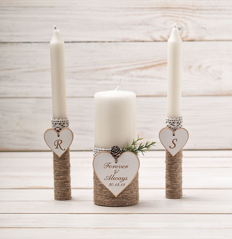 Winter Wedding Unity Candle Set for Church, Rustic Personalized Custom Candle for a Vow Renewal Ceremony, Forest Wedding Decor image 6