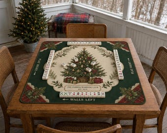 Personalized Christmas Mahjong Mat With Custom Club Name Vintage Holiday Design Nonslip Rubber Backing