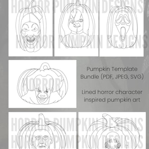 Puede incluir: Una colección digital de arte lineal en blanco y negro titulada HORROR PUMPKIN DESIGNS. El conjunto incluye cinco plantillas de calabazas con rostros de personajes de terror, etiquetadas como un paquete de plantillas en formatos PDF, JPEG y SVG.