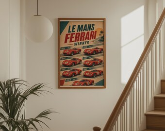 Le Mans Ferrari Winners Vintage Racing Poster, Classic Race Car Wall Art Print
