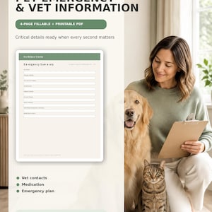 Könnte beinhalten: Ein digitales Dokument für Haustiernotfälle und Tierarztinformationen als ausfüllbares und druckbares 4-Seiten-PDF. Es enthält Abschnitte für den Namen des Haustiers, die Art, die Rasse, das Geburtsdatum sowie Kontaktinformationen für den Tierarzt.