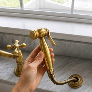 May include: A brass kitchen side sprayer with a cylindrical handle and a lever trigger, connected to a flexible metal hose. The sprayer features a circular head with small water outlet holes and a matching brass faucet base with a cross handle.
