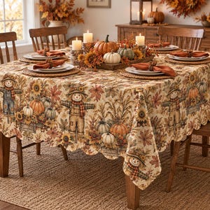 May include: A rectangular tablecloth featuring a repeating autumn-themed pattern of scarecrows, orange and white pumpkins, sunflowers, and brown maple leaves on a cream background with a scalloped edge, covering a wooden dining table.