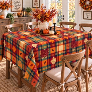 Höstduk med Thanksgiving-motiv, höstduk med lönnlöv, middagsdekor med Thanksgiving-motiv, rustik skördeduk med lantlig stil, rutig höstdekoration