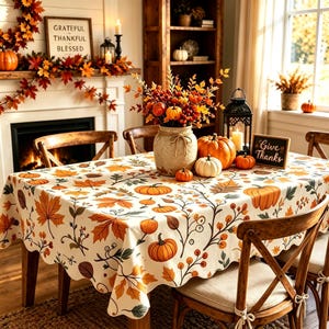 May include: A white tablecloth featuring a repeating pattern of orange pumpkins, brown and orange autumn leaves, and berries. The fabric is draped over a dining table, which is set with a ceramic vase of fall foliage, pumpkins, and a sign reading Give Thanks.