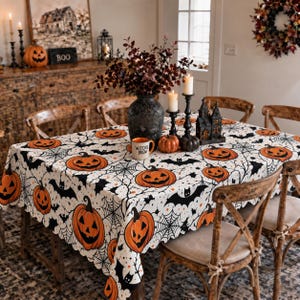 May include: A white rectangular tablecloth featuring a repeating pattern of orange jack-o'-lanterns, black bats, and black spiderwebs. The fabric has a scalloped edge and is draped over a dining table, creating a festive display for the holiday season.